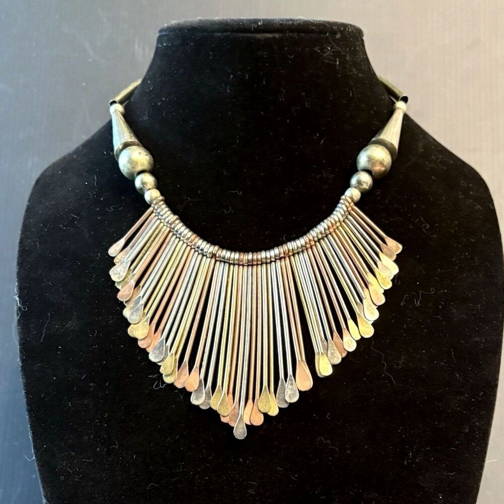 Vintage Artisan Mixed Metal Fringe Bib Necklace Tribal Statement Boho Collar